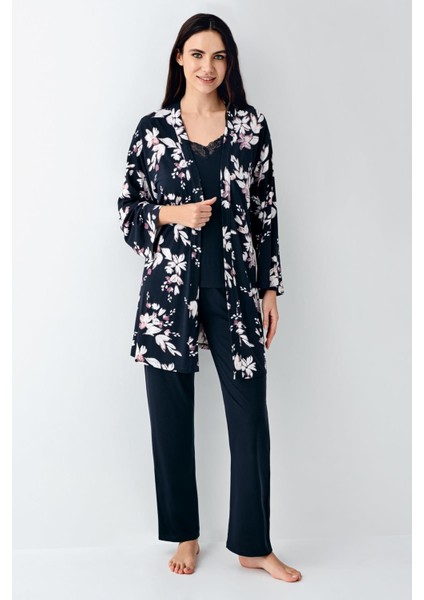 Kadın Lacivert 3'lü Pijama Takım, %50 Pamuk %50 Modal fırsatları