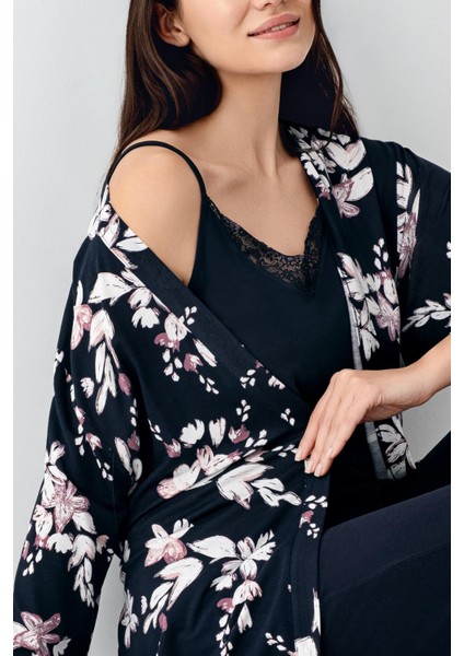 Kadın Lacivert 3'lü Pijama Takım, %50 Pamuk %50 Modal indirimleri