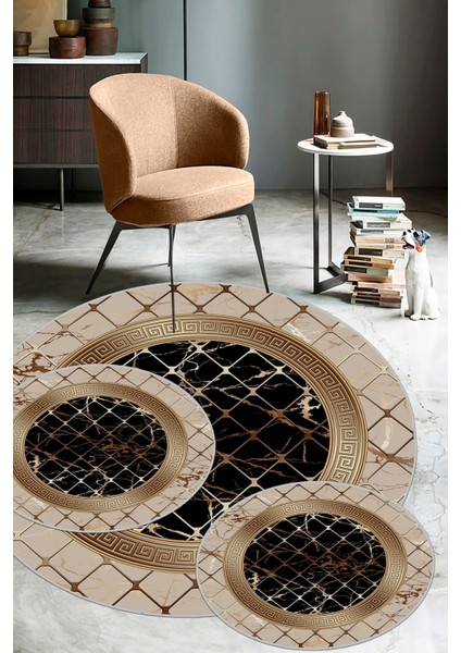 Vizon-Siyah kaymaz Taban Versace 3lü Takım Banyo Paspası B1277