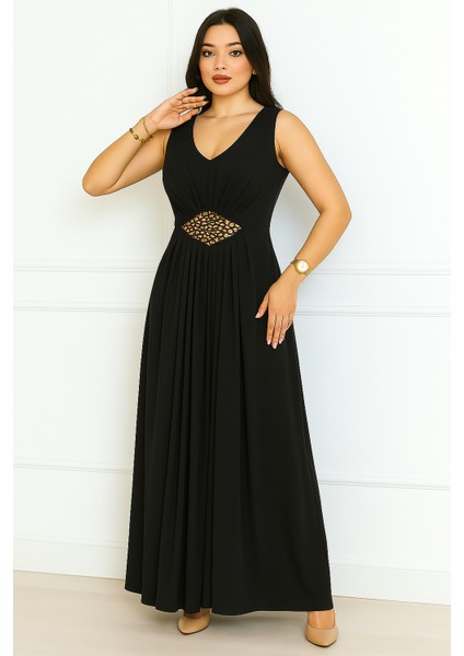 Kemeri Taşlı Krep Kolsuz Abiye Elbise 2789