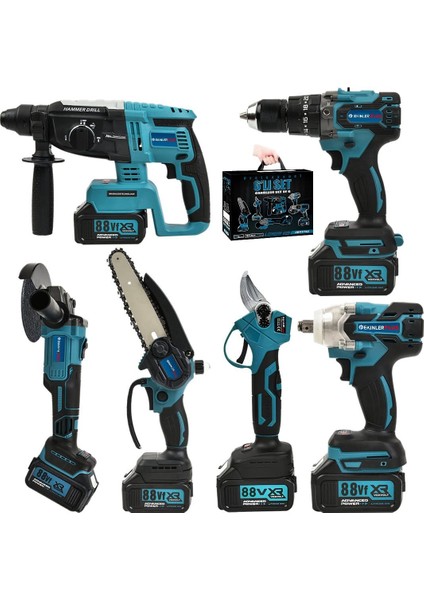 Akülü Süper 6lı Set Makina 88VF 5AH 125MM Avuç Taşlama, Sds Plus Kırıcı Delic, Somun Sıkma Sökme, Vidalama Matkap, Budama Testere, Budama Makası EEA397