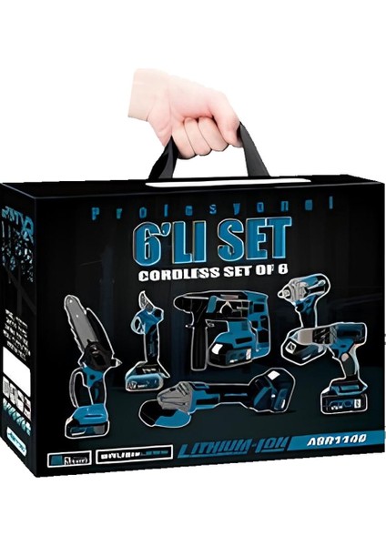 Akülü Süper 6lı Set Makina 88VF 5AH 125MM Avuç Taşlama, Sds Plus Kırıcı Delic, Somun Sıkma Sökme, Vidalama Matkap, Budama Testere, Budama Makası EEA397