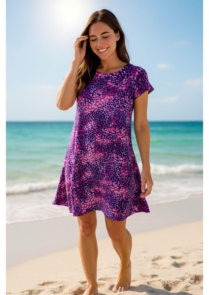 Kadın Fuşya-Mor Leopar Desenli Kısa Kollu Plaj Elbisesi - Rahat Kalıp Yazlık Mini Elbise