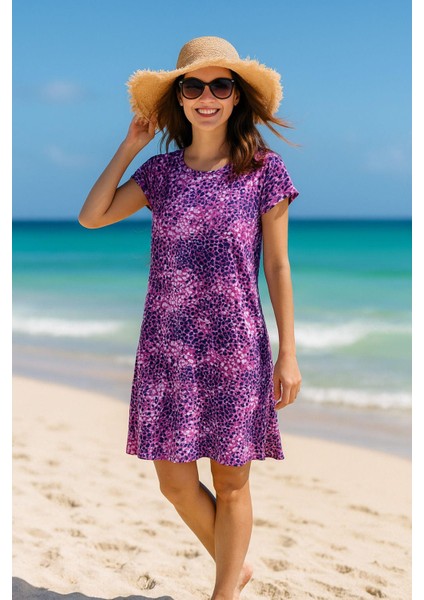 Kadın Fuşya-Mor Leopar Desenli Kısa Kollu Plaj Elbisesi - Rahat Kalıp Yazlık Mini Elbise fiyatları