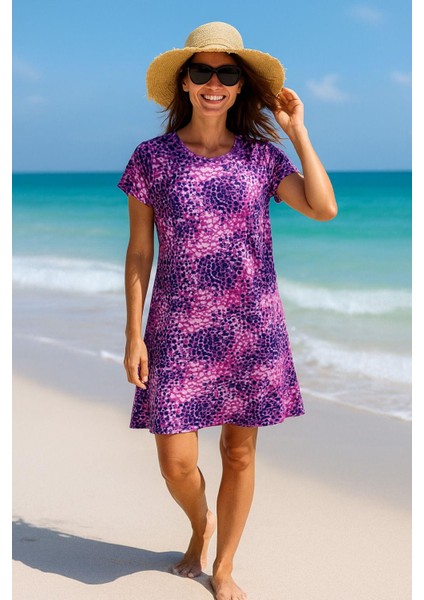 Kadın Fuşya-Mor Leopar Desenli Kısa Kollu Plaj Elbisesi - Rahat Kalıp Yazlık Mini Elbise modelleri