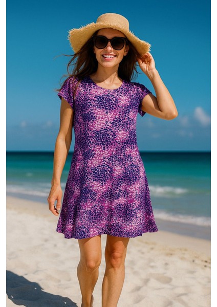 Kadın Fuşya-Mor Leopar Desenli Kısa Kollu Plaj Elbisesi - Rahat Kalıp Yazlık Mini Elbise fırsatları