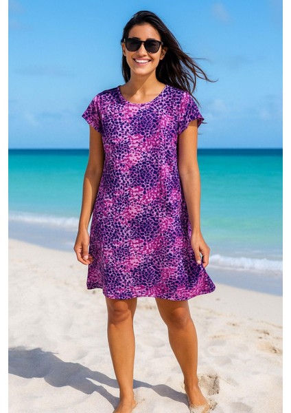 Kadın Fuşya-Mor Leopar Desenli Kısa Kollu Plaj Elbisesi - Rahat Kalıp Yazlık Mini Elbise indirimleri