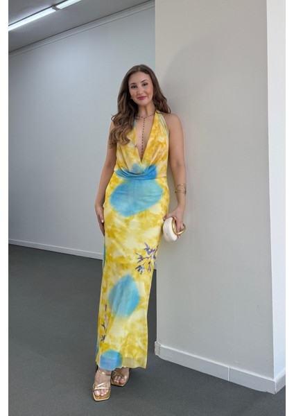 Ariel Sarı Degaje Yaka Sırt Dekolteli Elbise fiyatları