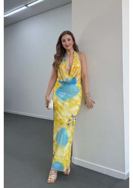 Ariel Sarı Degaje Yaka Sırt Dekolteli Elbise modelleri