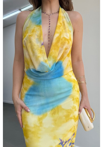 Ariel Sarı Degaje Yaka Sırt Dekolteli Elbise