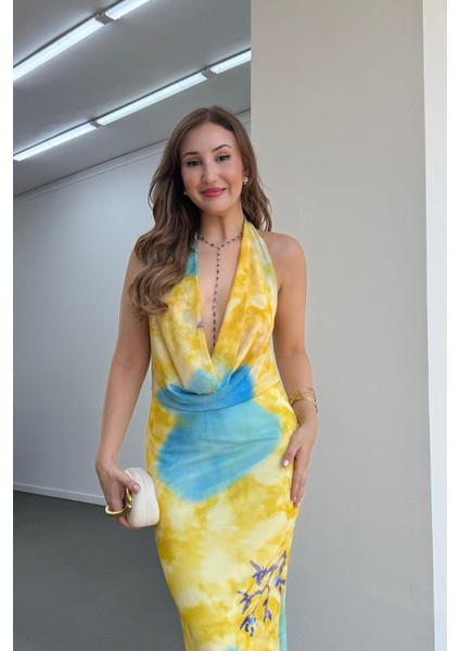 Ariel Sarı Degaje Yaka Sırt Dekolteli Elbise