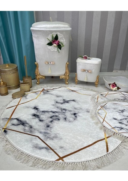 Beyazmermer-Gold kaymaz Taban 3lü Banyo Paspas Takımı 252-00