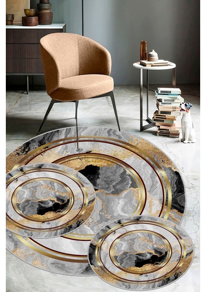 Gri-Gold kaymaz Taban 3lü Takım Banyo Paspası B1125