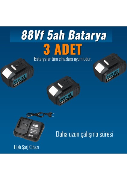 Akülü Süper 5li Set Makina 88VF 5AH 125MM Avuç Taşlama + Sds Plus Kırıcı Delici Hilti + Somun Sıkma Sökme + Vidalama Matkap + Budama Testere EEA376 indirimleri