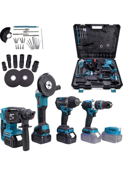 Akülü Kömürsüz 5li Set Makine (800NM Somun Sökme, Kırıcı Delici , 13MM Darbeli Vidalama, 125MM Avuç Taşlama, Powerbank ve Led) 88VF 10P EEA443