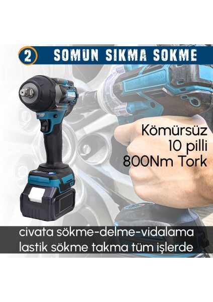 Akülü Kömürsüz 5li Set Makine (800NM Somun Sökme, Kırıcı Delici , 13MM Darbeli Vidalama, 125MM Avuç Taşlama, Powerbank ve Led) 88VF 10P EEA443