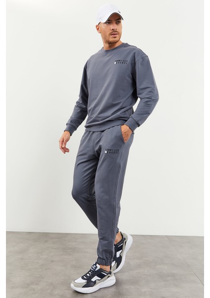 Petrol Casual O Yaka Lastik Paça Pamuklu Erkek Oversize Eşofman Takımı - 85120