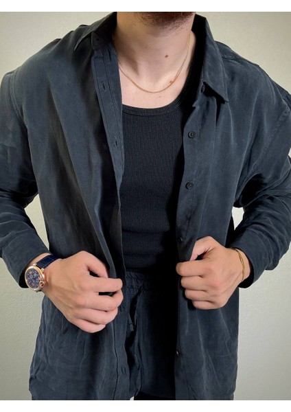 Ares Erkek Lacivert Keten Alt Üst Takım Rahat Kalıp Hafif Kumaşlı Gömlek Pantolon Takımı