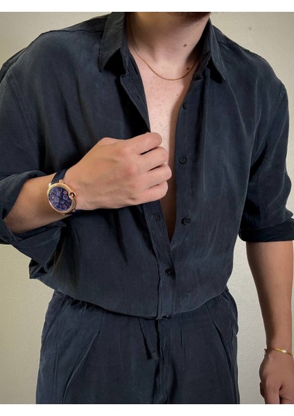 Ares Erkek Lacivert Keten Alt Üst Takım Rahat Kalıp Hafif Kumaşlı Gömlek Pantolon Takımı indirimleri