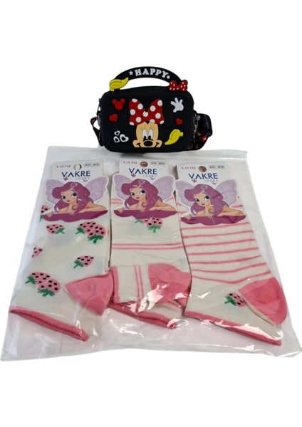 Kız Çocuk Mini Mickey Figürlü Siyah Renk Çanta Cüzdan Vakre 3 Renk Çorap 4 Lü Set