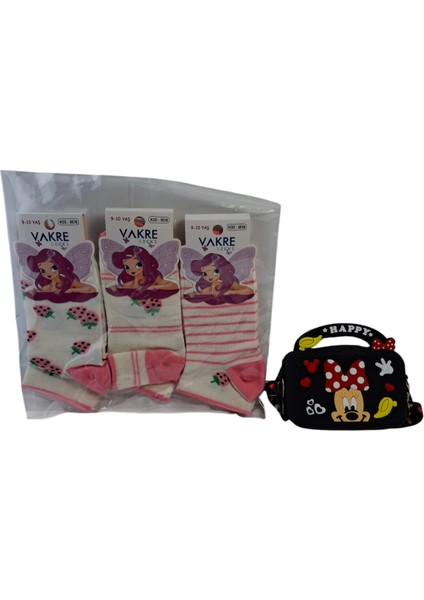 Kız Çocuk Mini Mickey Figürlü Siyah Renk Çanta Cüzdan Vakre 3 Renk Çorap 4 Lü Set fiyatları