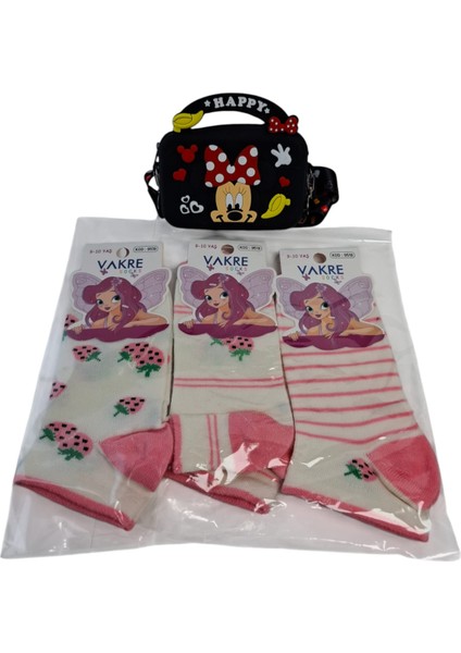 Kız Çocuk Mini Mickey Figürlü Siyah Renk Çanta Cüzdan Vakre 3 Renk Çorap 4 Lü Set modelleri