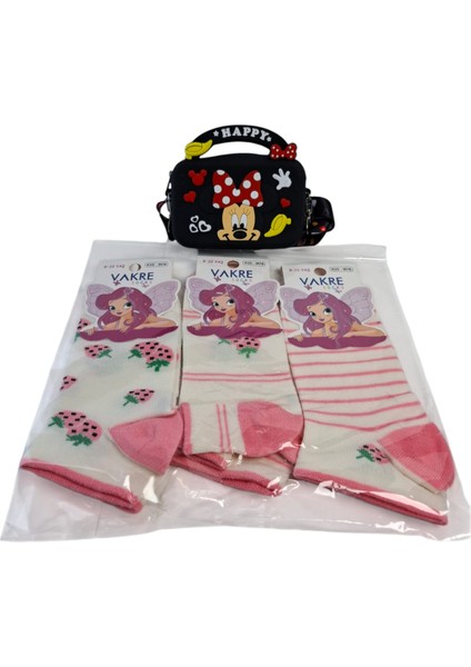 Kız Çocuk Mini Mickey Figürlü Siyah Renk Çanta Cüzdan Vakre 3 Renk Çorap 4 Lü Set fırsatları
