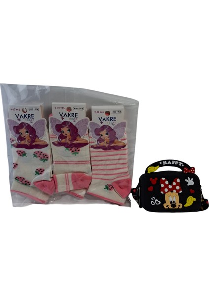Kız Çocuk Mini Mickey Figürlü Siyah Renk Çanta Cüzdan Vakre 3 Renk Çorap 4 Lü Set indirimleri