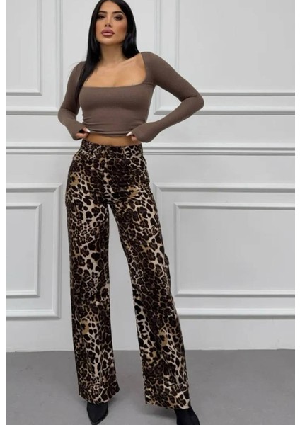 Leopar Desenli Ispanyol Paça Baggy Kadın Pantalon fiyatları
