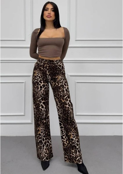 Leopar Desenli Ispanyol Paça Baggy Kadın Pantalon modelleri
