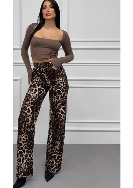 Leopar Desenli Ispanyol Paça Baggy Kadın Pantalon fırsatları