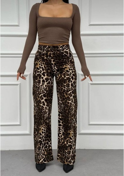 Leopar Desenli Ispanyol Paça Baggy Kadın Pantalon indirimleri