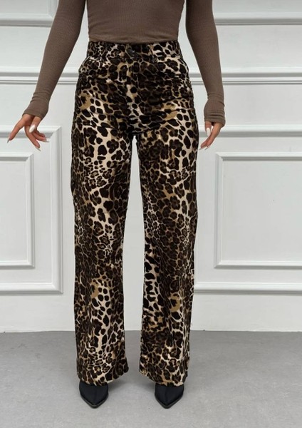 Leopar Desenli Ispanyol Paça Baggy Kadın Pantalon