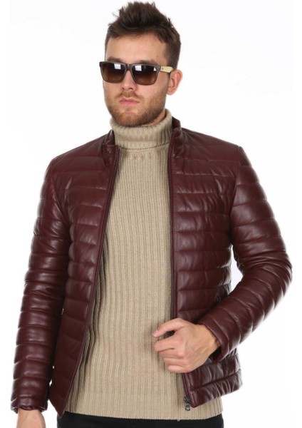 Hakiki Deri Bordo Erkek Spor Şişme Deri Mont Deri Ceket