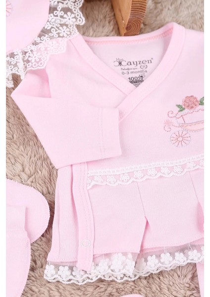 Çiçekli Araba Nakışlı Dantelli 5'li Kız Bebek Hastane Çıkışı 0-3 Ay