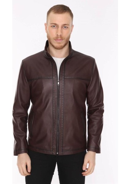 Hakiki Deri Bordo Erkek Spor Deri Mont Yandan Cepli Deri Ceket