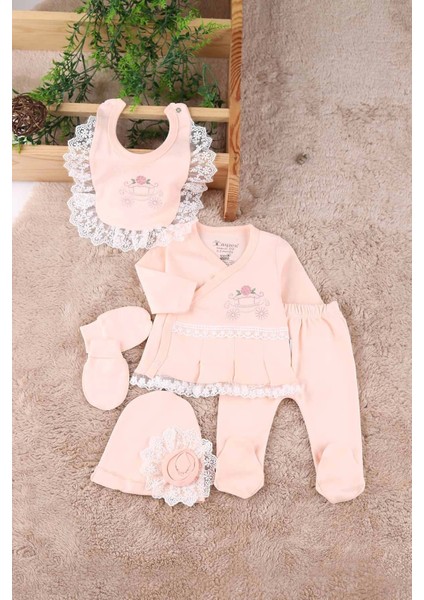 Çiçekli Araba Nakışlı Dantelli 5'li Kız Bebek Hastane Çıkışı 0-3 Ay modelleri