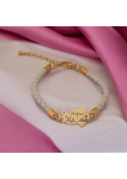 Altın Plakalı 14 Ayar Defne Ismine Özel Kuş Figürlü Hakiki Beyaz Derili Hediye BILEKLIK-425ISIM fiyatları