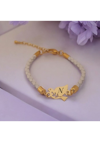 14 Ayar Plakalı Altın N Harfine Özel Kuş Figürlü Hakiki Beyaz Derili Hediye BILEKLIK-425HARF fiyatları