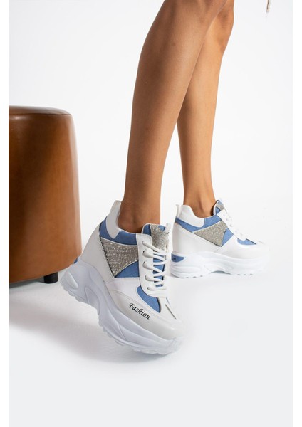 Oceanglim Beyaz-Mavi Taşlı 10 cm Yüksek Topuk Kadın Sneaker