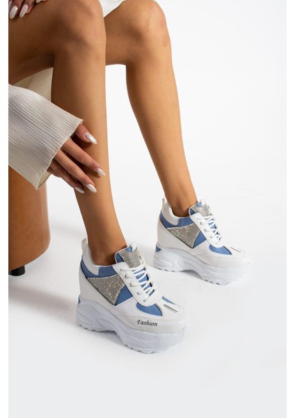 Oceanglim Beyaz-Mavi Taşlı 10 cm Yüksek Topuk Kadın Sneaker fiyatları