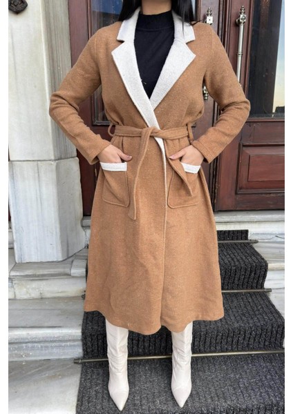 Taba Çift Taraflı Kruvaze Yaka, Kuşaklı, Yumoş Dokulu, Duble Kaşe Uzun Ceket fiyatları