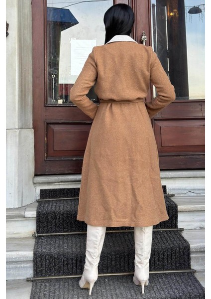 Taba Çift Taraflı Kruvaze Yaka, Kuşaklı, Yumoş Dokulu, Duble Kaşe Uzun Ceket modelleri