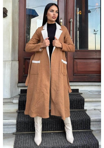 Taba Çift Taraflı Kruvaze Yaka, Kuşaklı, Yumoş Dokulu, Duble Kaşe Uzun Ceket fırsatları
