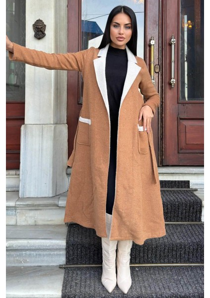 Taba Çift Taraflı Kruvaze Yaka, Kuşaklı, Yumoş Dokulu, Duble Kaşe Uzun Ceket indirimleri