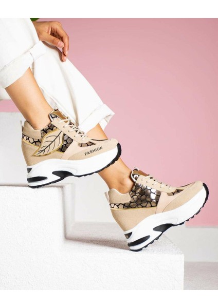 Creamflame Yaprak Desenli 10 cm Yüksek Topuk Krem Kadın Sneaker