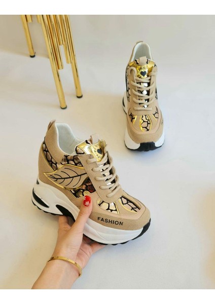 Creamflame Yaprak Desenli 10 cm Yüksek Topuk Krem Kadın Sneaker fiyatları