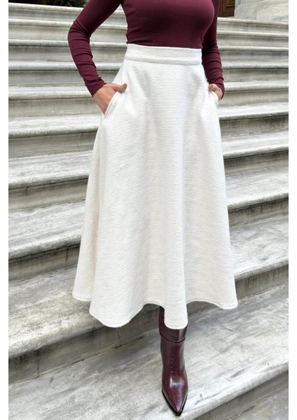 Ekru Yüksek Bel, Cepli, Kiloş Kesim, Kırçıllı Kaşe Uzun Etek fiyatları