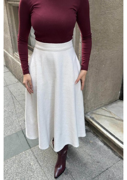 Ekru Yüksek Bel, Cepli, Kiloş Kesim, Kırçıllı Kaşe Uzun Etek fırsatları