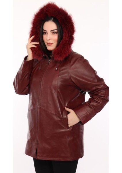 Hakiki Deri Bordo Kapşonlu Kürklü Kadın Ceket